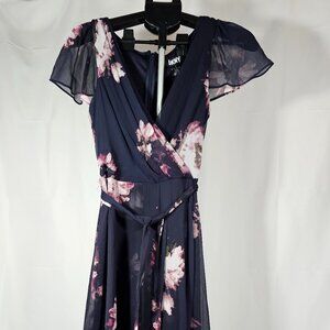 DKNY Womens Navy Floral Midi Flutter Sleeve Wrap Dress Size 6